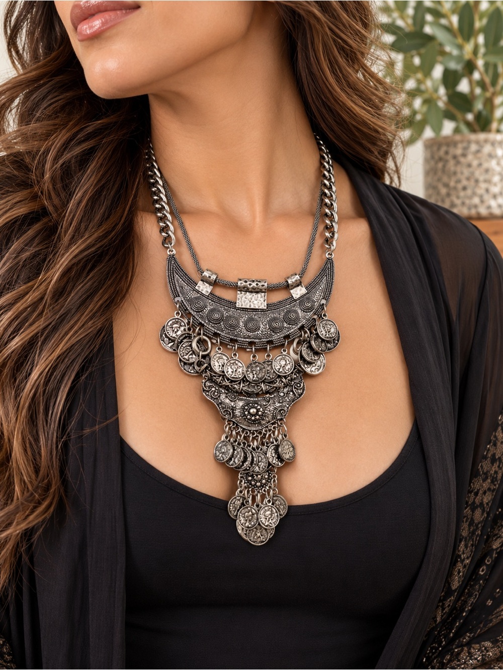 Large Metal Chain & Coin Tribal Design Bib Statement Necklace